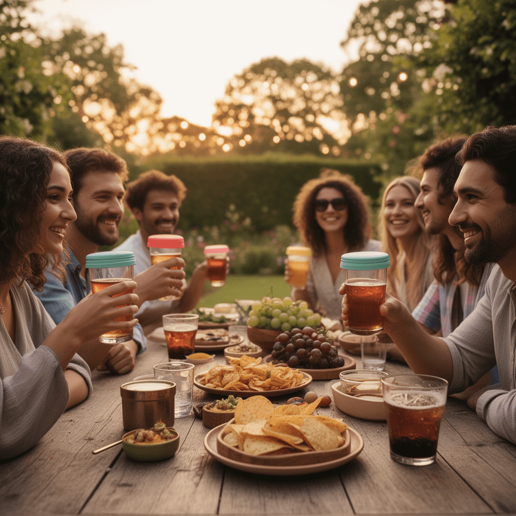 scène garden party avec verres protégés par couvercles anti-drogue